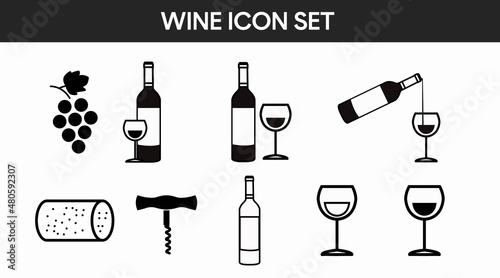 Wine Icon Set. Vector isolated set of wine related illustration like bottle, grapes, and cups