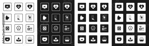 Set Heart with dog, Drinker for small pets, Cat, Fish, Medical clinical record, animals footprint, scratching post toy and Bag of food icon. Vector