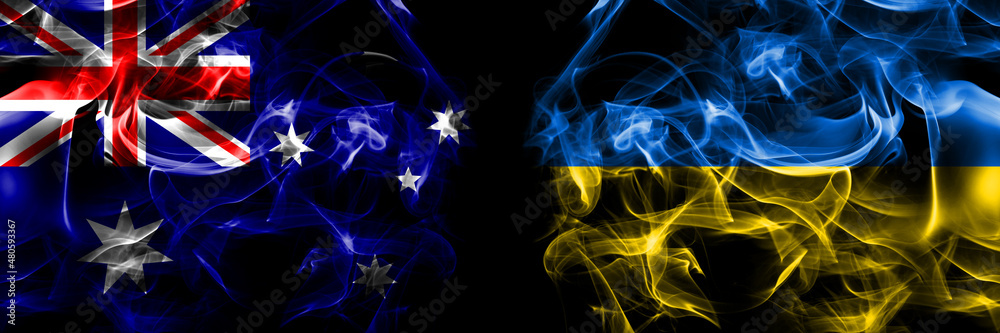 Flags of Australia, Australian vs Ukraine, Ukrainian. Smoke flag placed side by side on black background