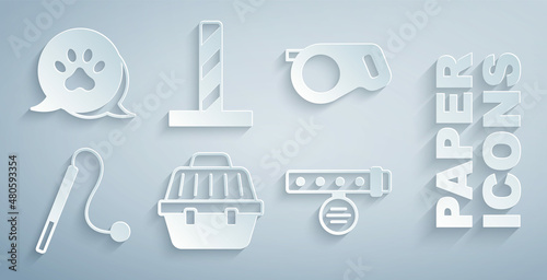 Set Pet carry case, Retractable cord leash, cat toy, Collar with name tag, Cat scratching post and Paw print icon. Vector