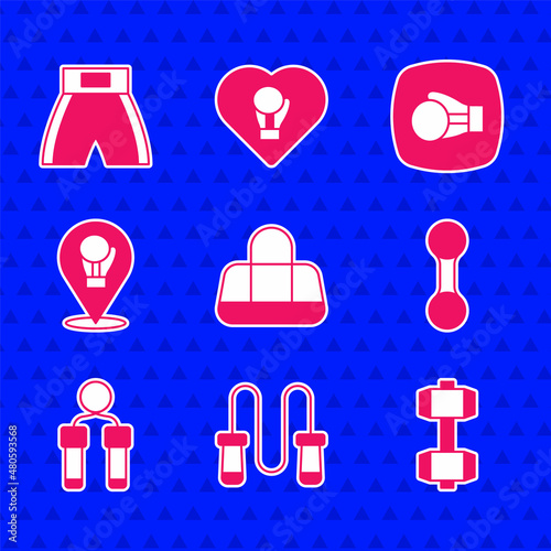Set Sport bag, Jump rope, Dumbbell, Boxing glove, and short icon. Vector