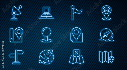 Set line Folded map with location marker, Push pin, Flag, Radar, and icon. Vector