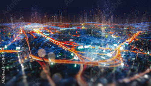 Energy Digitalization Smart city with Wireless network and Connection technology concept with Abstract Bangkok city background