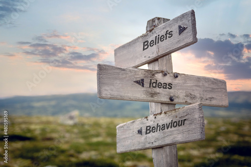 Принти на полотні beliefs ideas behaviour text on wooden sign outdoors.