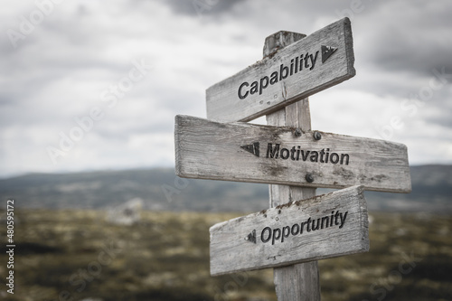 capability motivation opportunity text on wooden sign outdoors. photo