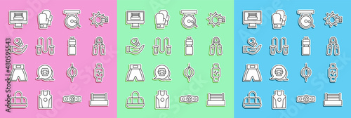 Set line Boxing ring, Smart watch with heart, Sport expander, gong, Jump rope, glove, and Fitness shaker icon. Vector