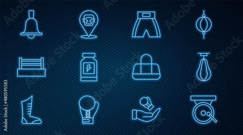 Set line Boxing gong, Punching bag, short, Energy drink, ring, bell, Sport and helmet icon. Vector