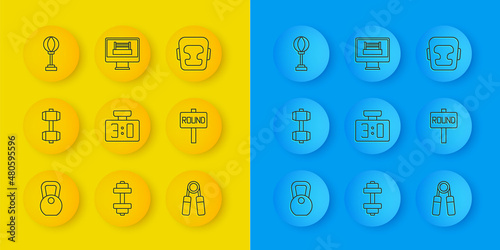 Set line Weight, Dumbbell, Sport mechanical scoreboard, expander, Boxing ring, Punching bag, helmet and icon. Vector