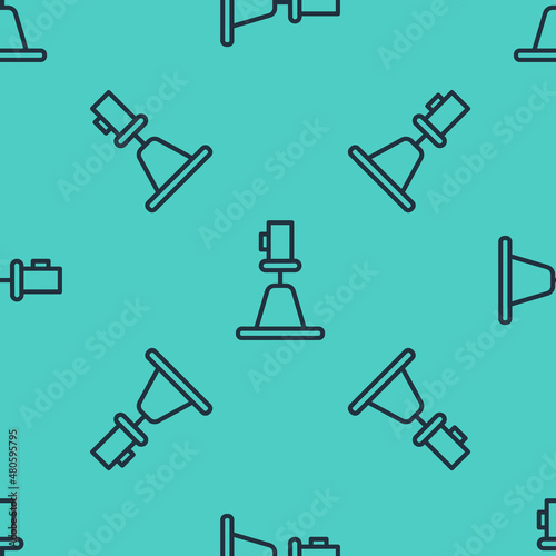 Black line Tacheometer, theodolite icon isolated seamless pattern on green background. Geological survey, engineering equipment for measurement and research. Vector