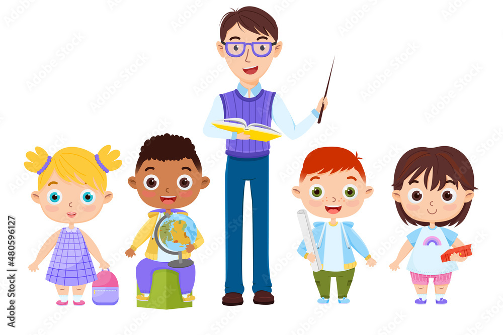Vector illustration of a teacher and children on a white background. School education. Vector illustration of a teacher and children on a white background. School education.