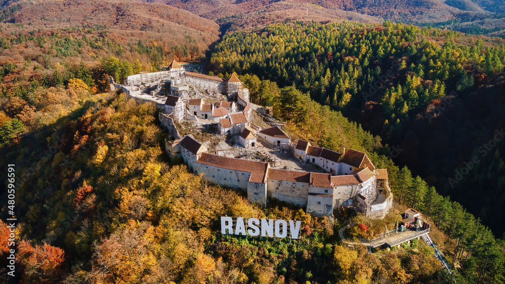 Aerial drone view of The Rasnov Fortress in Romania