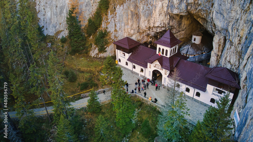 Aerial drone view of The Ialomitei Cave in Romania