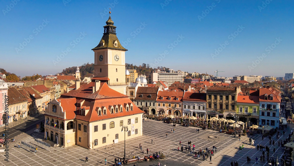 Aerial drone view of The Council Square in Brasov, Romania