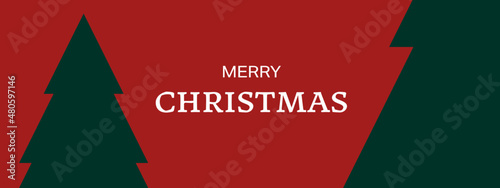 Christmas card on red background. Merry christmas text with christmas trees, Vector