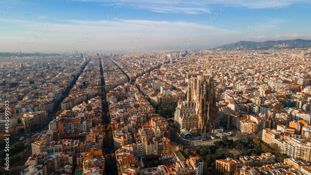 Aerial drone view of Barcelona, Spain
