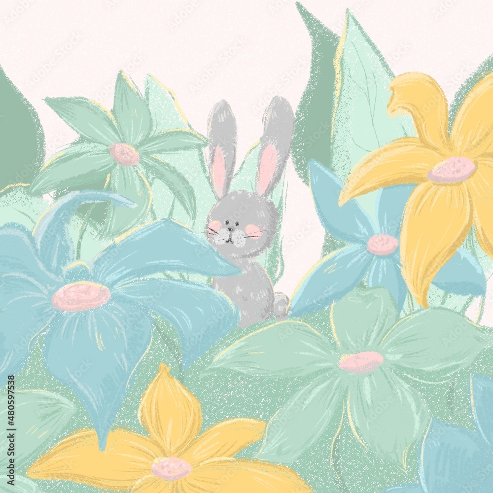 easter card  grey rabbit in flowers