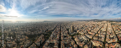 Aerial drone panoramic view of Barcelona, Spain © frimufilms