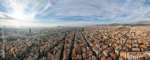 Photography Aerial drone panoramic view of Barcelona, Spain