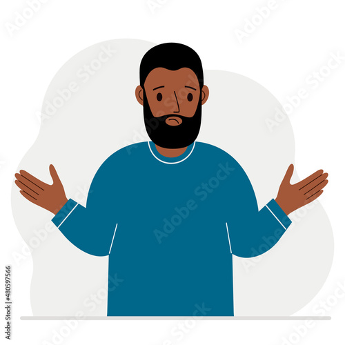 The man is sad and upset. Hands are spread out in different directions. Vector