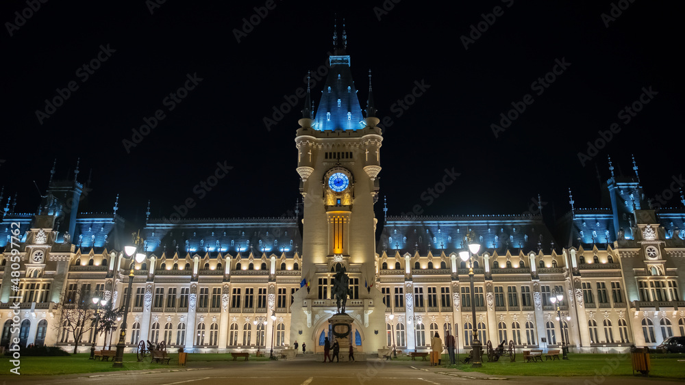 Panoramic view of the Palace of Culture in Iasi downtown at night, Romani