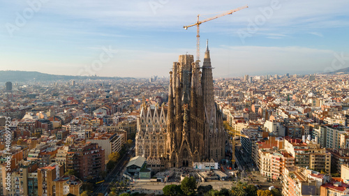 Photography Aerial drone view of Sagrada Familia in Barcelona, Spain