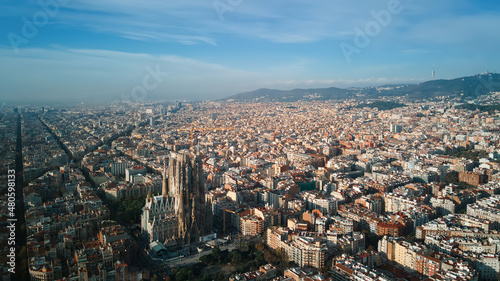 Aerial drone view of Sagrada Familia in Barcelona, Spain © frimufilms