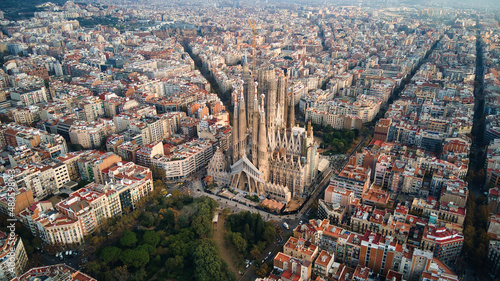 Aerial drone view of Sagrada Familia in Barcelona, Spain © frimufilms