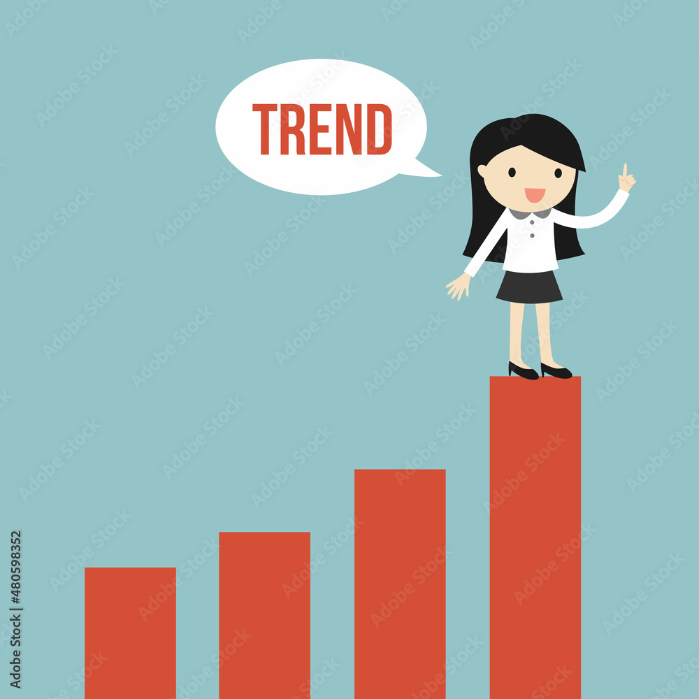 Business concept, Business woman standing on the chart and looking for trend. Vector illustration. Business concept, Business woman standing on the chart and looking for trend. Vector illustration.