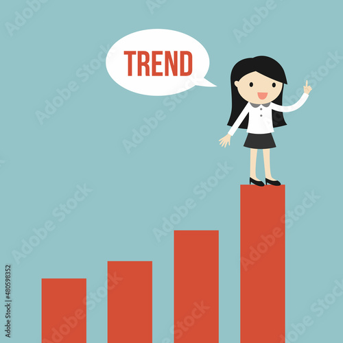 Business concept, Business woman standing on the chart and looking for trend. Vector illustration.