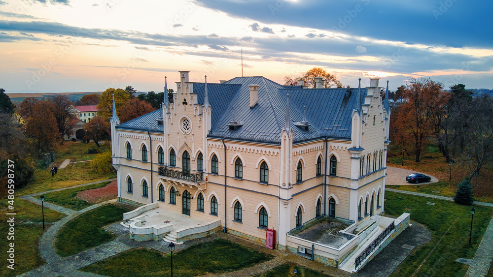 Aerial drone view of the The Palace of Alexandru Ioan Cuza in Romania