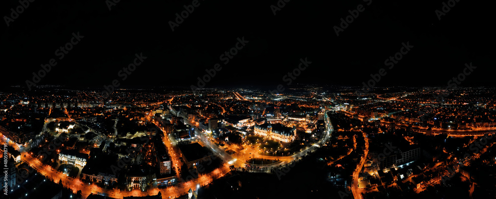 Aerial drone panoramic view of Iasi downtown at night, Romania