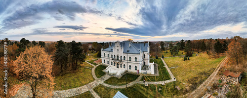 Aerial drone panoramic view of the The Palace of Alexandru Ioan Cuza in Romania photo