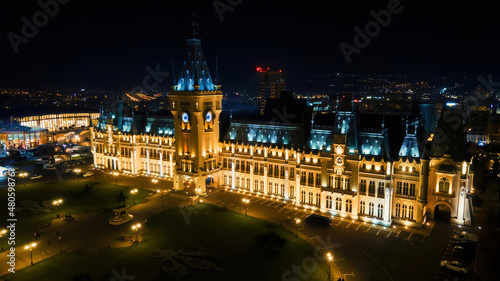 Tablou pe pânză Aerial drone panoramic view of the Palace of Culture in Iasi downtown at night,