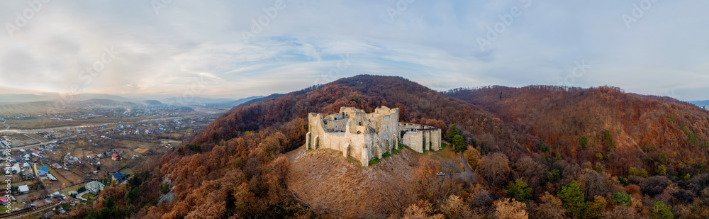 Aerial drone panoramic view of the Neamt Citadel in Targu Neamt, Romania