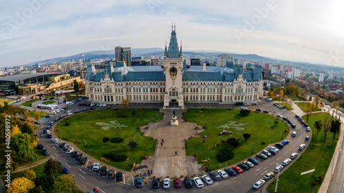 Aerial drone panoramic view of the Palace of Culture in Iasi, Romani