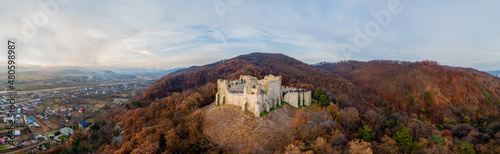 Aerial drone panoramic view of the Neamt Citadel in Targu Neamt, Romania © frimufilms