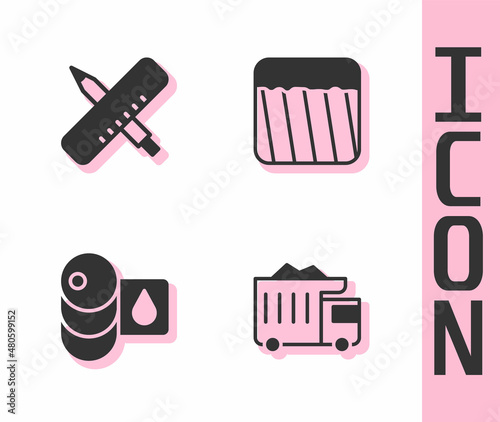 Set Mining dump truck, Crossed ruler and pencil, Barrel oil and Ground icon. Vector