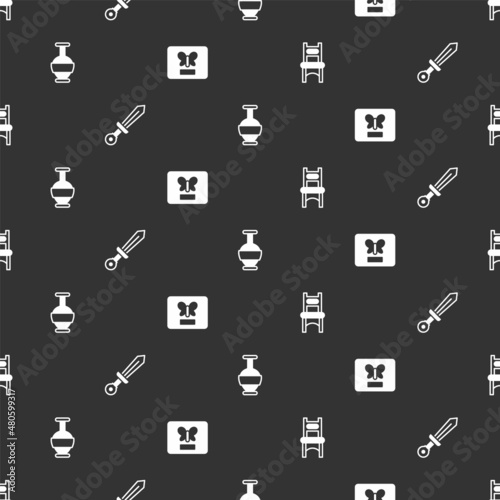 Set Chair, Medieval sword, Ancient amphorae and Butterfly in frame on seamless pattern. Vector