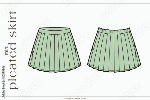 Pleat Mini Skirt / Tennis Skirt Technical Fashion Illustration. Wide Elastic Waistband and Circular Hem. Front and Back View