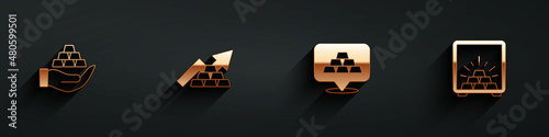 Set Gold bars in hand, Growth arrow with gold, and Safe icon with long shadow. Vector