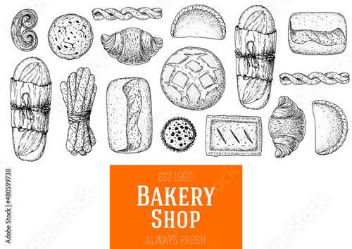 Illustration of different baked goods. Hand drawn vector illustration. Bakery sketch. Background template for design. Engraved food image. Hand drawn sketch with bread, pastry, sweet.