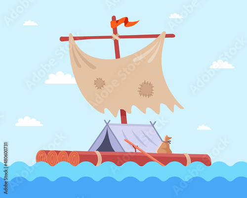 homemade wooden raft shipwreck survivor. flat vector illustration.