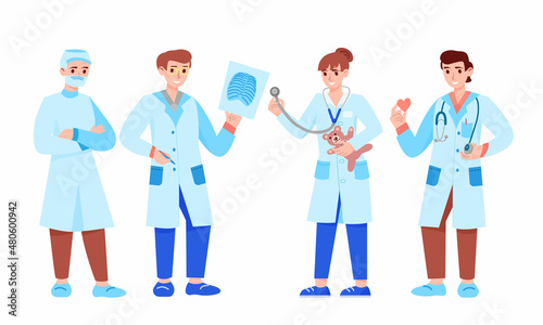 Doctors frontline character. Cardiologist, pediatrician and surgeon.