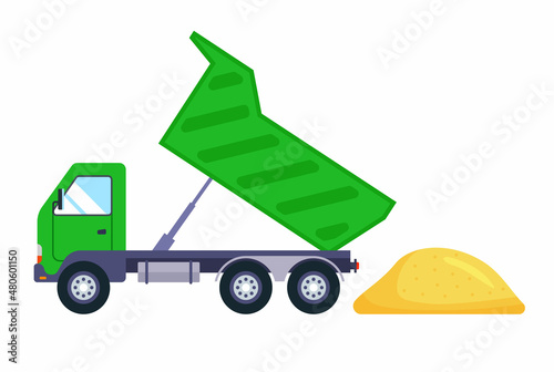 green truck unloads a pile of sand for construction. flat vector illustration.