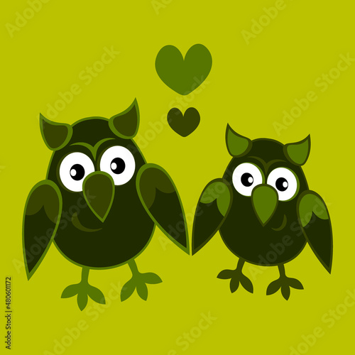two owls in love with hearts. Cartoon birds. Pastiche. Children drawing