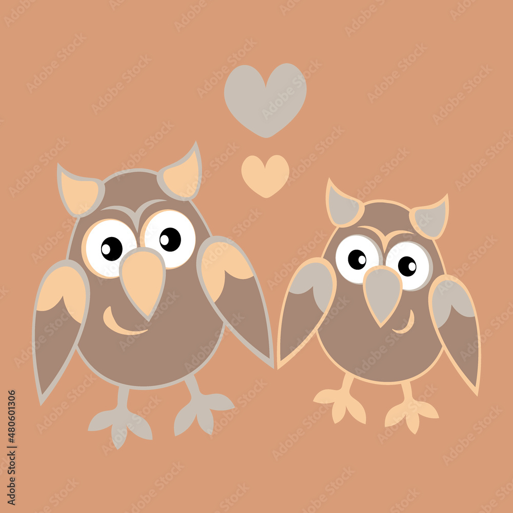 Fototapeta premium two owls in love with hearts. Cartoon birds. Pastiche. Children drawing