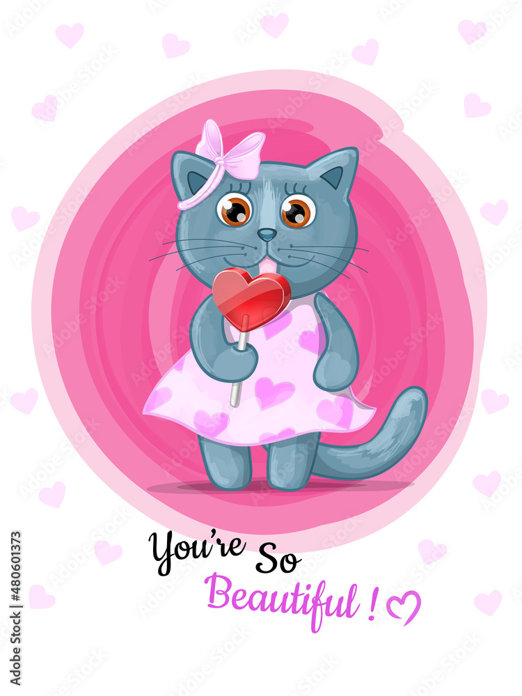 Postcard with cartoon cute blue British cat girl with heart shaped candy. Vector Illustration