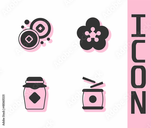 Set Chinese drum, Yuan currency, Jar of honey and Lotus flower icon. Vector