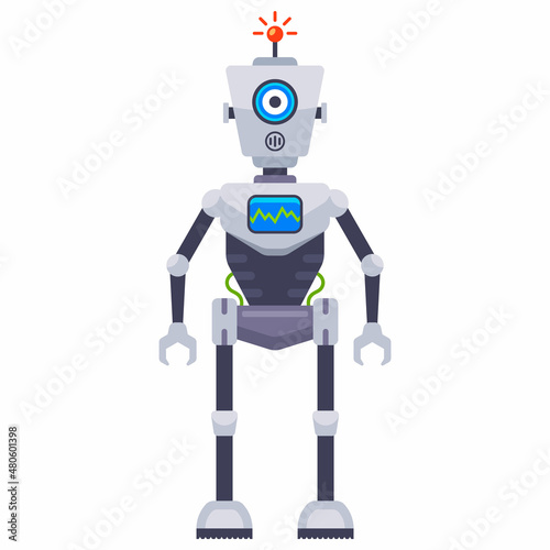 bipedal iron robot with an antenna. human assistant robot. flat vector illustration.