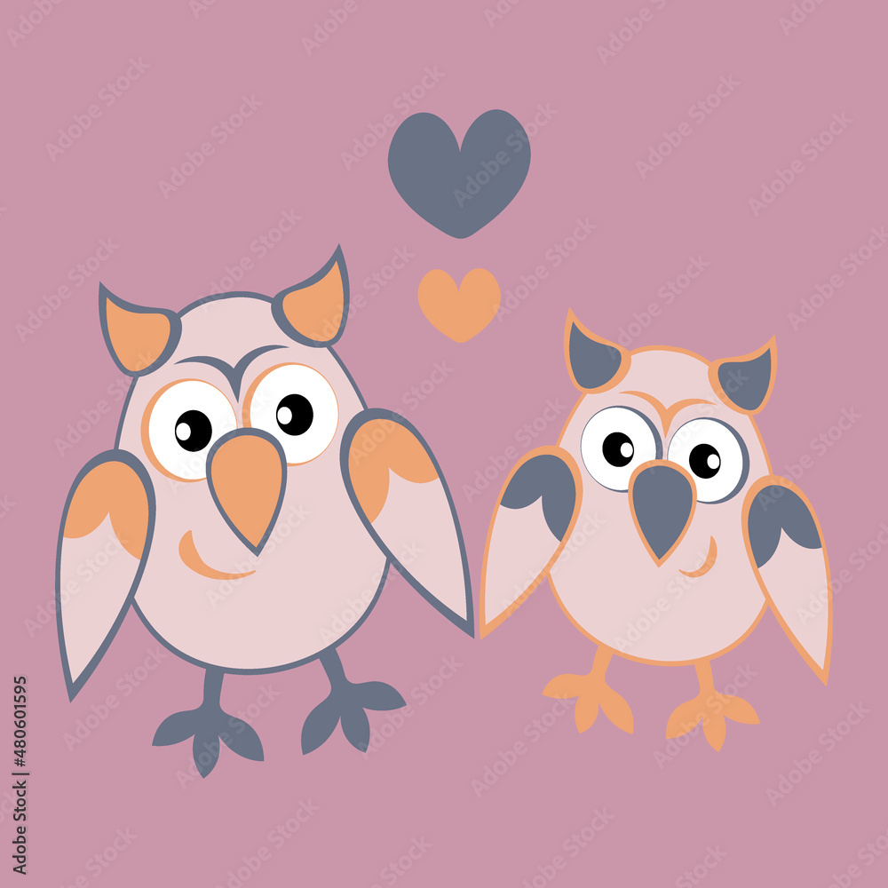 two owls in love with hearts. Cartoon birds. Pastiche. Children drawing